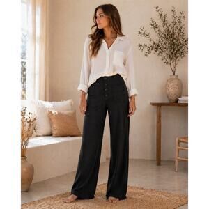 Halara Black High Waisted Wide Leg Button Fly Pocket Pants Womens L 31"x32"